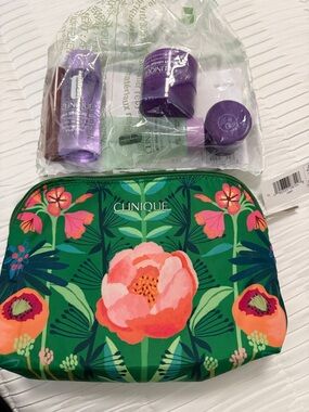 Clinique Purple Travel Skincare Set with Green Floral Pouch